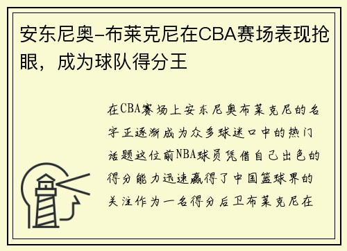 安东尼奥-布莱克尼在CBA赛场表现抢眼，成为球队得分王